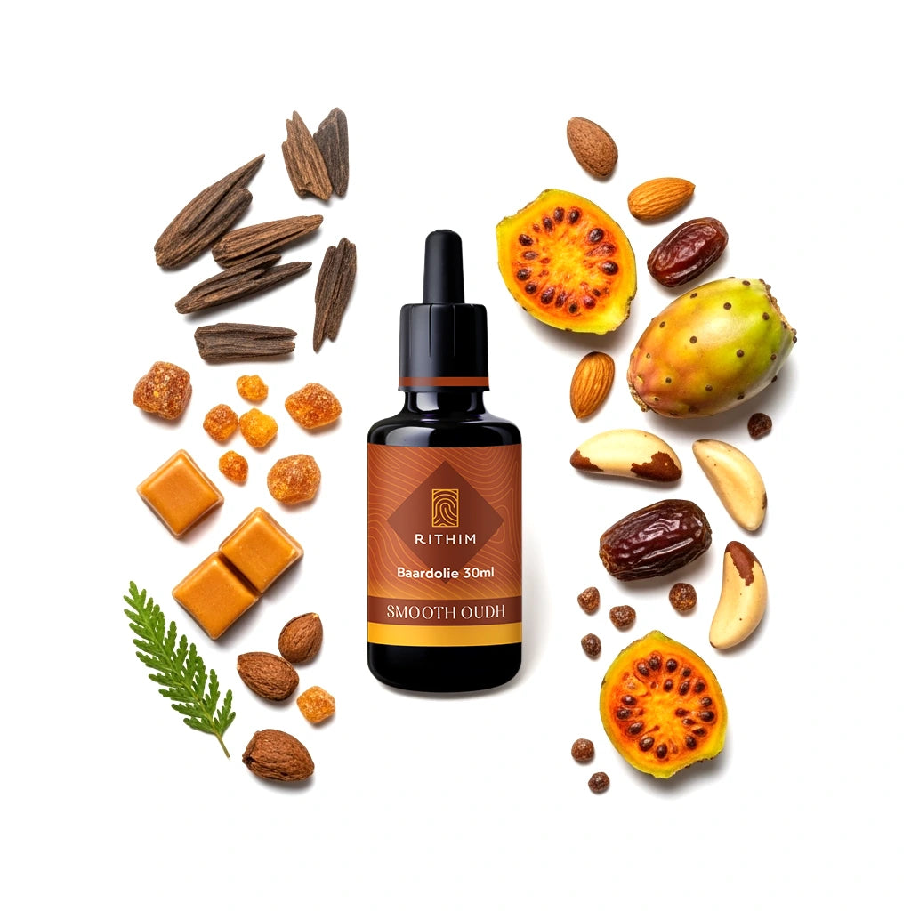 Bottle of Rithim Smooth oudh Beard Oil with oudh ingredients on a white background