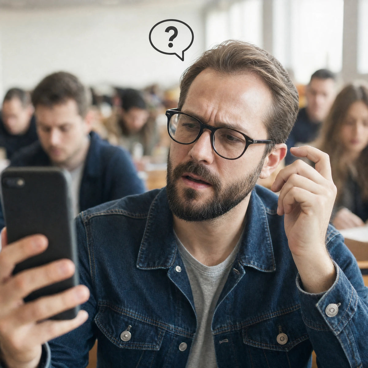 Bearded man with glasses looking at his phone, with a question mark above him