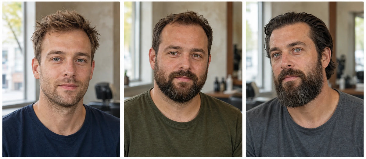 Three men with stubble, a medium boxed beard and a longer beard